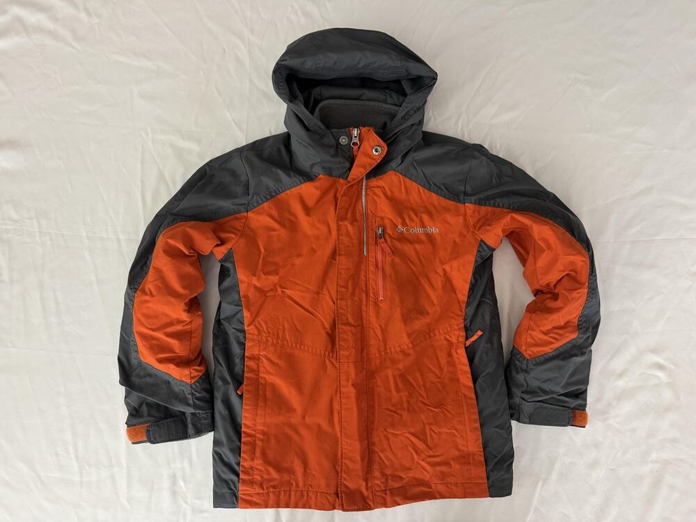 Columbia Interchange 3-in-1 Jacket Kids 8 Orange Gray Fleece Lined Hooded Ski